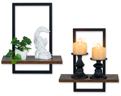 Image de Étagère murale en métal noir, étagère suspendue : lot de 2 étagères murales carrées pour le salon, la chambre ou un coin – petites étagères suspendues en bois pour plantes, brun rustique