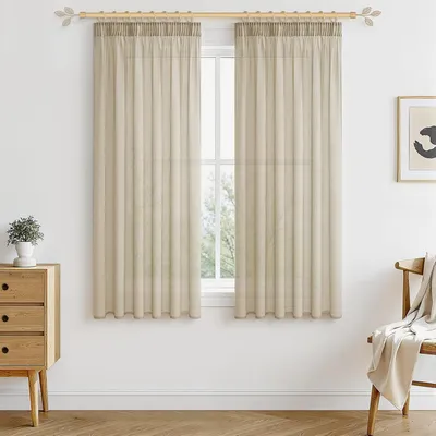 Immagine prodotto di Tende con passanti - Tende - Beige - Corte - Trasparenti - Tende con occhielli - Set di 2 tende in stile lino per soggiorno - camera da letto