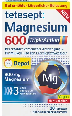 Produktbild von Tetesept Magnesium 600 Triple Action Filmtabletten für Muskeln und den Energiestoffwechsel, 30 g Tabletten