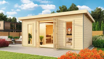 Produktbild von Saunahaus Karibu Sainburga 4 Set B inkl. 9 kW Ofen u.ext. Steuerung mit Vorraum, Fenster und Holztüre mit Klarglas