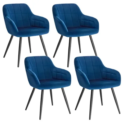 Four blue upholstered chairs with black metal legs arranged in a grid formation against a white background.