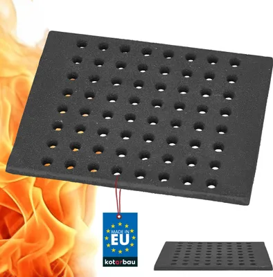 A black cast iron grate with many holes, set against a background of orange flames. A small blue tag with 'MADE IN EU' and 'kotarbau' is attached to the grate with a red string. A smaller, separate image of the grate is shown in the bottom right corner.