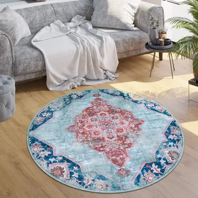 Produktbild von Teppich Wohnzimmer Flachgewebe Orient Marokkanisch Ornamente Vintage Waschbar Grösse 160 cm Rund