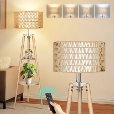 Image de Lampe sur pied LED dimmable avec trépied en bois et télécommande