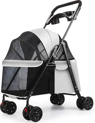 Produktbild von Hunde- und Katzenbuggy mit 4 Rädern, faltbarer Reisebuggy für Haustiere, Hunde- und Katzenkäfigbuggy mit Getränkehalter, Sichtfenster für mittelgroße und kleine Hunde