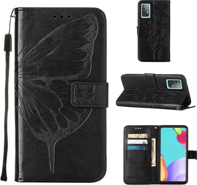 Produktbild von Galaxy A52 4G Hülle, Schmetterling Prägung Flip Leder Kartenfächer Schutzhülle Ledertasche mit Ständer für Samsung Galaxy A52 4G / 5G / A52S 5G Schwarz