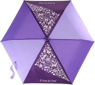 An open umbrella viewed from above, showing its hexagonal panels and decorative patterns.