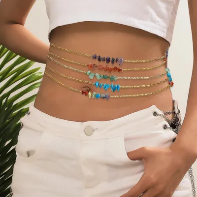 Produktbild von Bauchkette 6 Stücke, 80 cm, Glasperlen und Amethyst, türkis, für Party