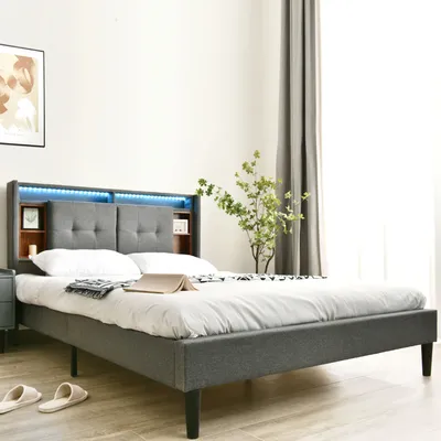 Image de Lit double rembourré avec fonction de chargement USB, tête de lit de rangement et éclairage LED, cadre de lit en bois et sommier à lattes (sans matelas),140x200cm gris