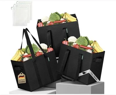 Produktbild von Famanu Einkaufstasche faltbar 3er-Set – stabile wiederverwendbare Einkaufskörbe mit faltbarem Boden inkl. 3x Obst- und Gemüsenetzen – 38 x 23 x 31 cm
