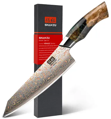Imagen del producto de SHAN ZU: Cuchillo de cocina japonés de 20 cm, acero damasco y cobre, cuchillo de acero damasco