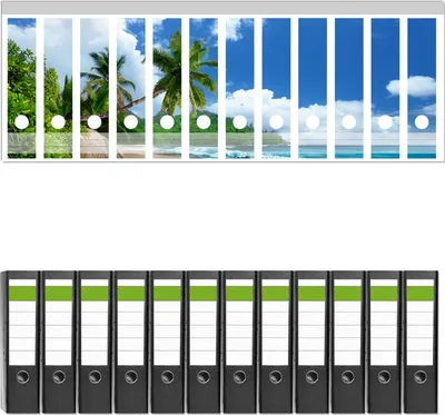 Produktbild von Wallario 12 Stück breite Ordner inkl. Klebeetiketten mit Motive Urlaub auf den Seychellen unter Palmen am Sandstrand -  Set mit Rückenschildern / Ordnerrücken Stickern
