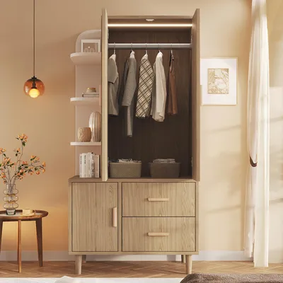 Produktbild von Merax Kleiderschrank mit LED-Sensor-Beleuchtung, Kleiderstange, 2 Schubladen, Mehrzweckschrank mit offenen Regalen, Garderobenschrank, Weiß + Natur