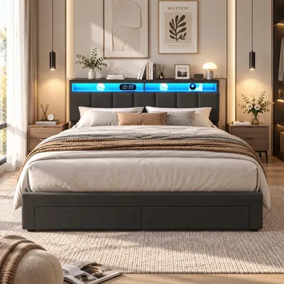 Immagine prodotto di Letto imbottito con boxspring, dimensioni 180x200 cm, con illuminazione LED, letto matrimoniale con sistema di sollevamento idraulico, testiera, cassetto, 2 cassetti ai piedi, rete a molle, contenitore, colore grigio, Immagine generata dall'IA