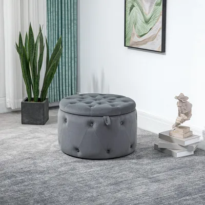 Zdjęcie produktu dla Pufa HOMCOM ze schowkiem, tapicerowany podnóżek z pokrywą, okrągła pufa, aksamitne siedzisko z guzikami do salonu, szara, Ø60 x 40 cm