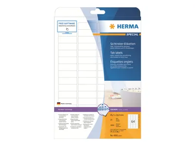 Zdjęcie produktu dla HERMA 4201, Biały, Samoprzylepne etykiety do drukowania, A4, Papier, Laser/Atrament, Wyjmowana