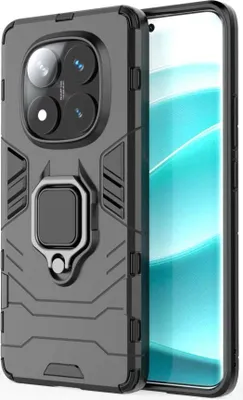 A close-up, angled view of a black smartphone case with a built-in ring stand, placed next to a smartphone.