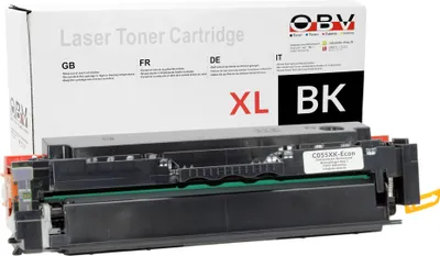 A black laser toner cartridge is shown in front of its packaging box.