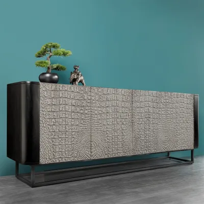 Produktbild von riess-ambiente Sideboard CROCO 180cm grau schwarz Mangoholz mit 3D Schnitzereien massiv Metall Kommode Schrank Anrichte