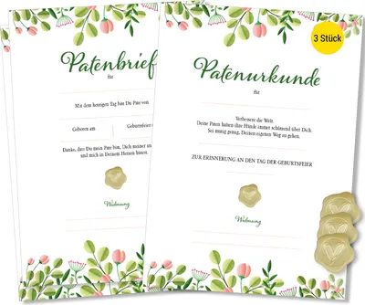 Produktbild von Frank Paperman® | 3x Patenurkunden & Patenbrief für Taufpaten + Goldsiegel, Floral Modern, Set Urkunden zur Taufe, Geschenk für Patentante Patenonkel