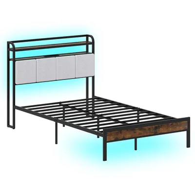 A bed frame with a headboard and LED lighting.