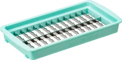 A close-up, angled view of a teal plastic vegetable dicer insert with metal blades.