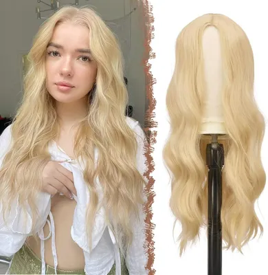 Image de Perruque pour femme, cheveux longs (70 cm), ondulés, blond, réaliste, synthétique