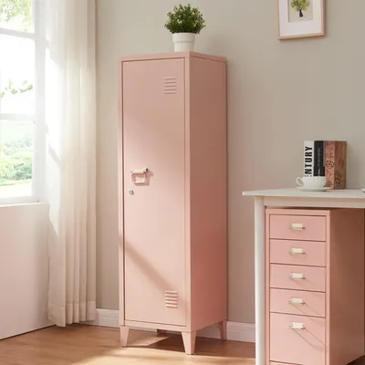 Zdjęcie produktu dla Pojedyncza szafka 'Kurikka' z 2 zamykanymi metalowymi półkami 137 x 38 x 38 cm Peachy Beige
