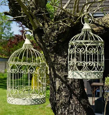 Produktbild von Deko Vogelkäfig Dekokäfig 2er-Set Vögel Nostalgie Antik-Sil Weiß 33cm