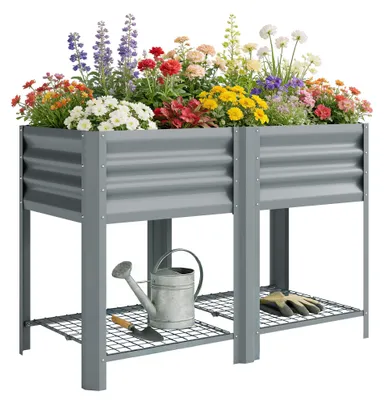 Produktbild von Erhöhtes Hochbeet, Metall verzinkt, 120x55x80 cm, 150 L, Grau – rückenschonend, mit Ablage, stabil