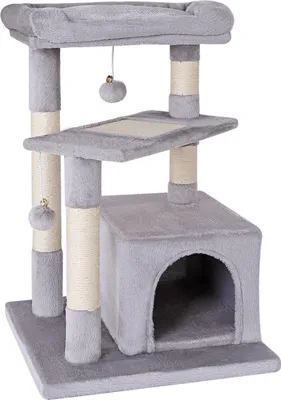 A light gray cat tree with multiple levels, scratching posts, a hideaway cave, and dangling toys, presented against a white background.