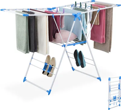 Image de Séchoir à linge pliable Relaxdays, 2 ailes, 2 niveaux, séchoir à linge à ailes, dimensions : 99 x 155 x 61 cm, séchoir à linge, blanc/bleu
