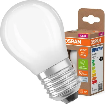 Obrázok produktu pre LED žiarovka OSRAM v klasickom tvare miniball, s dekoratívnym LED vláknom v matnom dizajne, trieda energetickej účinnosti A, E27, 1,2 W, 255 lm, 4000 K, studená biela. Žiadne zahrievanie, 100 % svetlo okamžite.