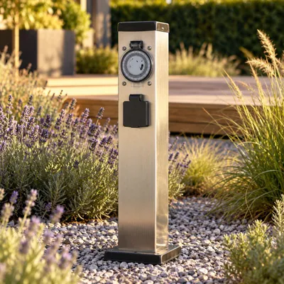 Produktbild von Energiesäule Edelstahl mit Timer 2-fach Verteiler 43,5 cm außen Terrasse Steckdosensäule