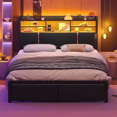 Image de Lit rembourré KIMENICH 160 x 200 cm avec éclairage LED et 2 tiroirs, tête de lit avec étagères et espace de rangement, sans matelas,Polyuréthanenoir