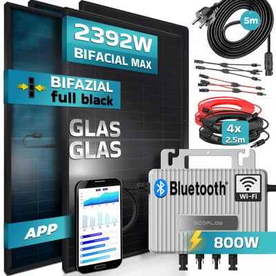 Produktbild von SUNNIVA® Balkonkraftwerk FULL BLACK BIFACIAL 2392W/800W Solaranlage 800W Ecoflow Micro Wechselrichter Wifi Bluetooth