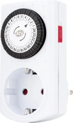 A white mechanical timer plug with a black dial and red switch.