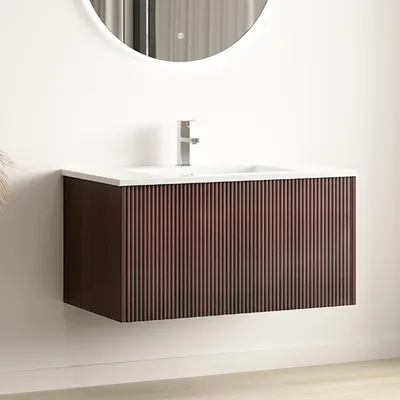 Produktbild von LOMAZOO Waschtisch SOVINA 80 cm - Nussbaum Rillenfront - Waschbecken Weiß