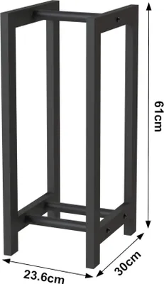 A black metal firewood rack with dimensions indicated.