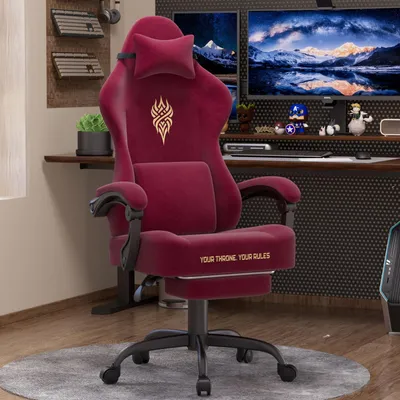 Produktbild von Verdego Gaming Stuhl, Ergonomischer Gaming Sessel Schreibtischstuhl mit Fußstütze Kopfstütze und Lendenkissen, Atmungsaktiver Samtstoff, Rot