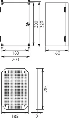 Technical drawing with dimensions of an electrical enclosure.