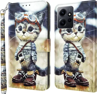 Produktbild von CLM-Tech Hülle kompatibel mit Xiaomi Redmi Note 12 4G - Tasche aus Kunstleder - Klapphülle mit Ständer und Kartenfächern, coole Katze
