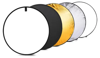 A set of 5-in-1 photography reflectors arranged in a diagonal line against a white background.