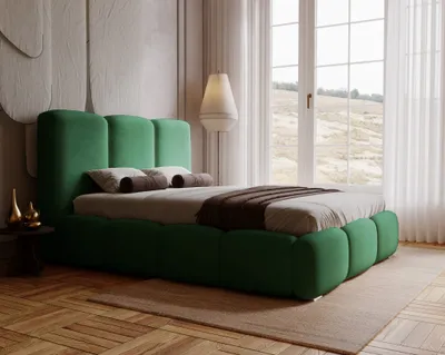 Obrázek produktu pro Čalouněná postel 200x200 cm Merkad – sametová postel, manželská postel s úložným prostorem – ložnicová postel zelená