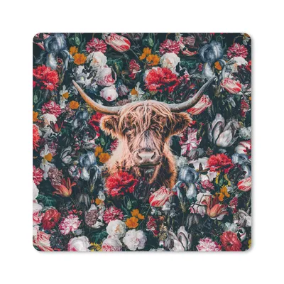 Produktbild von MuchoWow® Mauspad Mousepad Schottischer Highlander - Blumen - Tiere - Hoorn 20x20 cm - Mousepads - Maus Mat - Pad - Mausunterlage - Desk Mat - Bureauartikeln