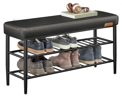 Produktbild von Schuhbank - Flurbank mit Schuhregal - Sitz aus Kunstleder - Ziernähte - Belastbar bis 135 kg - 30×100×50 cm - Schwarz