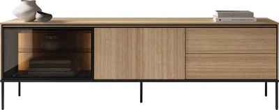 Produktbild von MIRJAN24 TV-Lowboard Visso 1D1W2S 197 VI-08, Stilvoll Wohnzimmer, Lowboard mit zwei Drehtüren und zwei Schubladen (Farbe: Lineare Eiche)