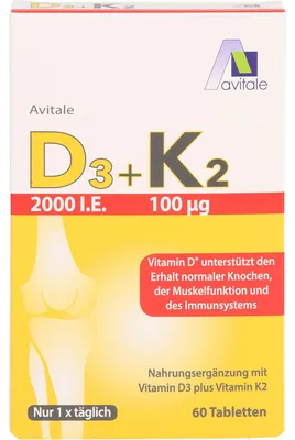 Produktbild von Avitale Vitamin D3 + K2 2000 I.E. Tabletten unterstützt den Erhalt normaler Knochen, der Muskelfunktion und des Immunsystem, 60 St. Tabletten