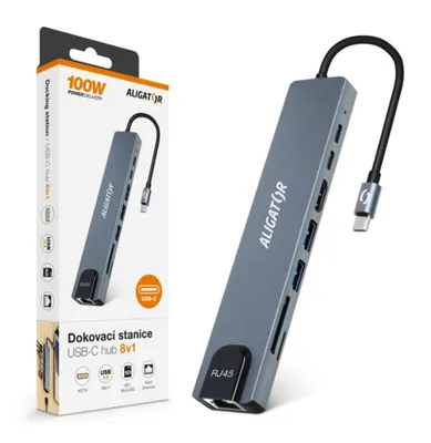 Obrázek produktu pro Dokovací stanice Aligator USB-C / Hub 8v1 (USB-C / 2xUSB / SD / MicroSD / HDTV / RJ45)