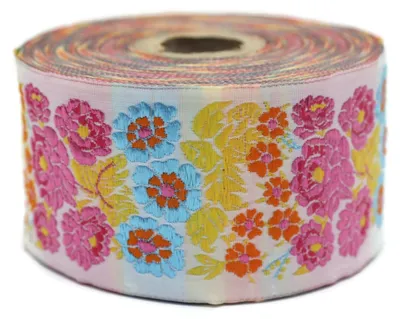 Jacquard-Band, 10 m x 50 mm, Fuchsia Pink/Himmelblau, Secret Garden